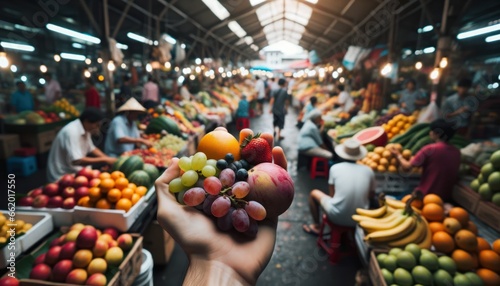 Close-up photo capturing the details of fresh fruits in a man's hand, with blurred market stalls, vendors, and buyers in the lively outdoor market photo