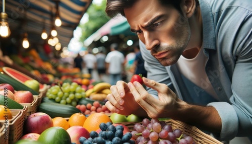 Close-up photo of a man, intently examining a piece of fruit for freshness, with a variety of vibrant fruits © PixelPaletteArt