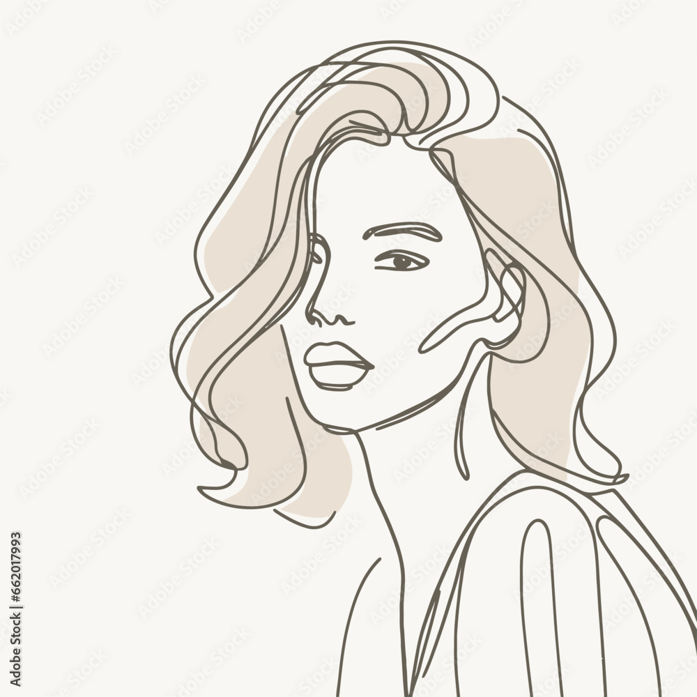 Stylish woman portrait. Outline trendy vector illustration. Continuous line drawing, minimalistic concept. Romantic image in pastel watercolor shades Stylish woman portrait. Outline trendy vector illustration. Continuous line drawing, minimalistic concept. Romantic image in pastel watercolor shades