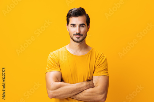 Laughing man arm space style lifestyle copy gesture background smiling portrait trendy studio fashion