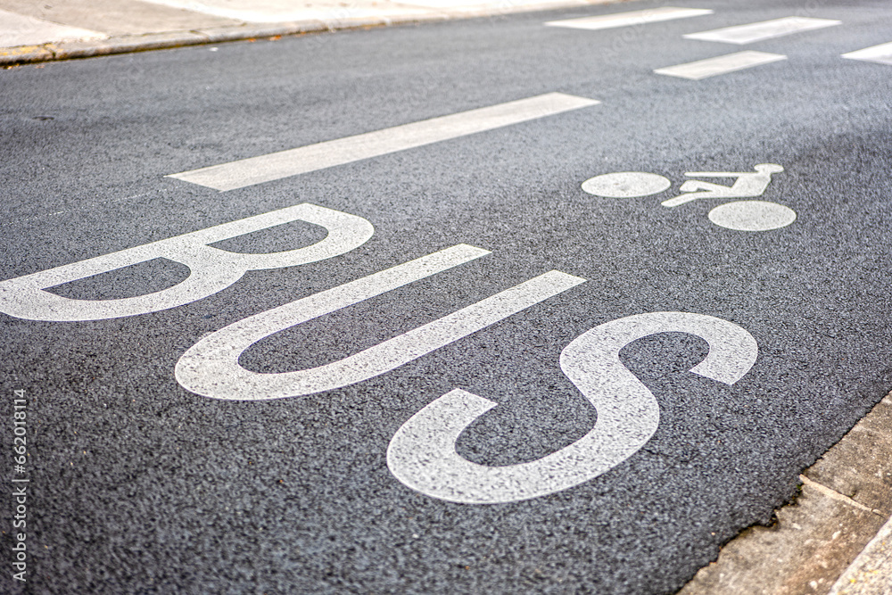 Signalisation voie réservée au bus et aux vélos - cyclistes - peinture blanche sur route - marquage au sol - obrazy, fototapety, plakaty 