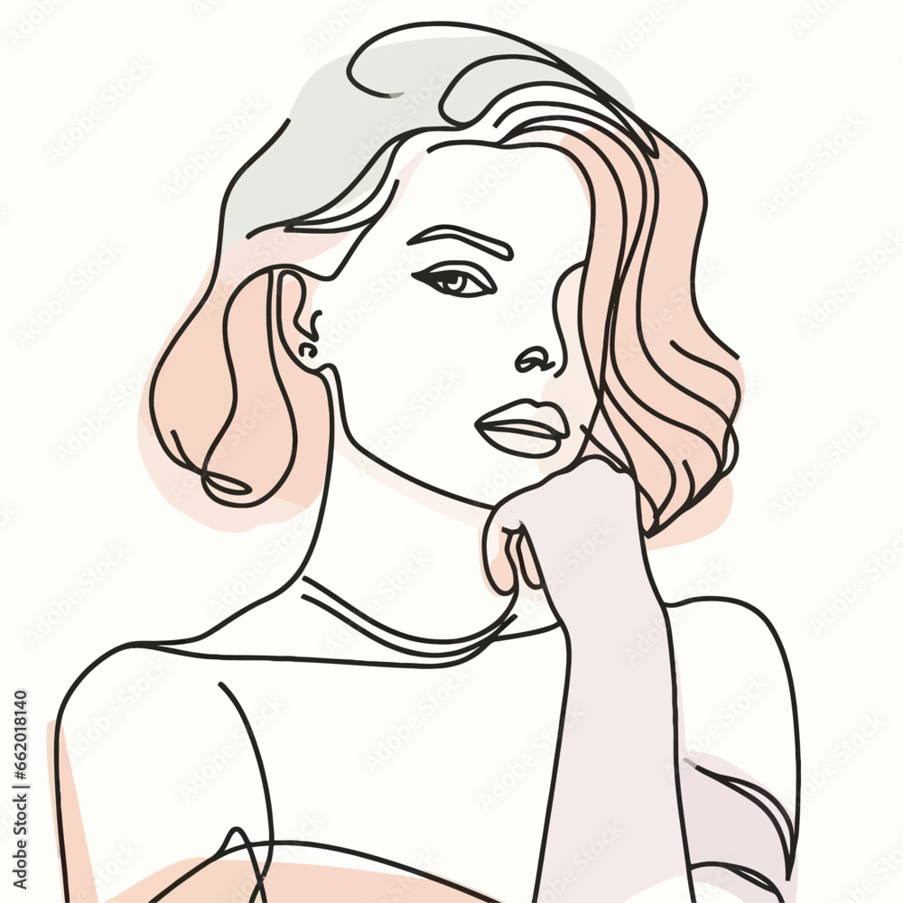 Stylish woman portrait. Outline trendy vector illustration. Continuous line drawing, minimalistic concept. Romantic image in pastel watercolor shades Stylish woman portrait. Outline trendy vector illustration. Continuous line drawing, minimalistic concept. Romantic image in pastel watercolor shades