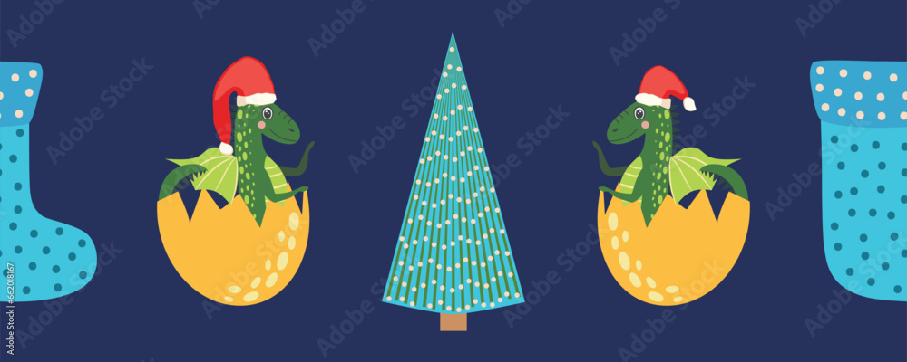 Fototapeta premium Seamless pattern with cute dragons Christmas design. Chinese New Year background with dragons for 2024