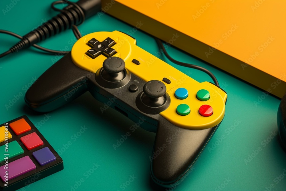 Vibrant arrangement of game controller on retro background. Retro ...