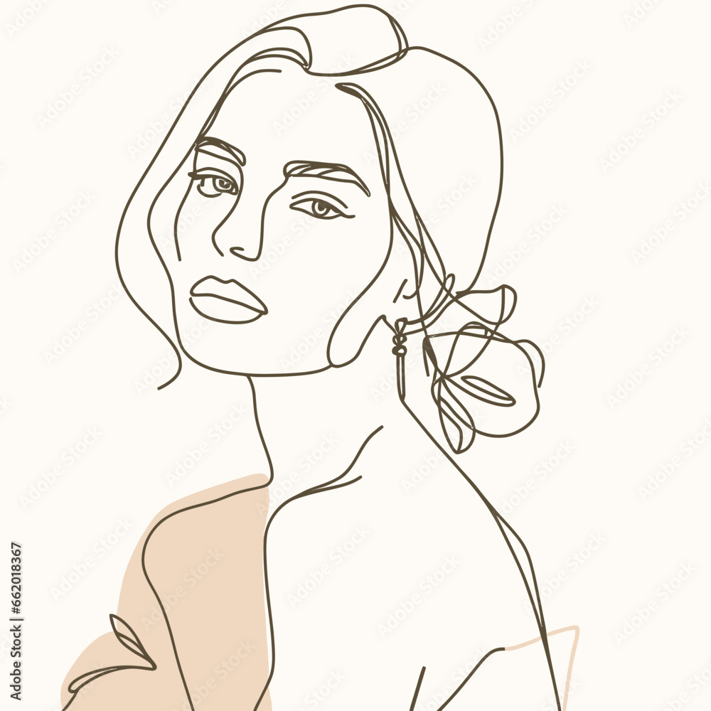 Stylish woman portrait. Outline trendy vector illustration. Continuous line drawing, minimalistic concept. Romantic image in pastel watercolor shades Stylish woman portrait. Outline trendy vector illustration. Continuous line drawing, minimalistic concept. Romantic image in pastel watercolor shades