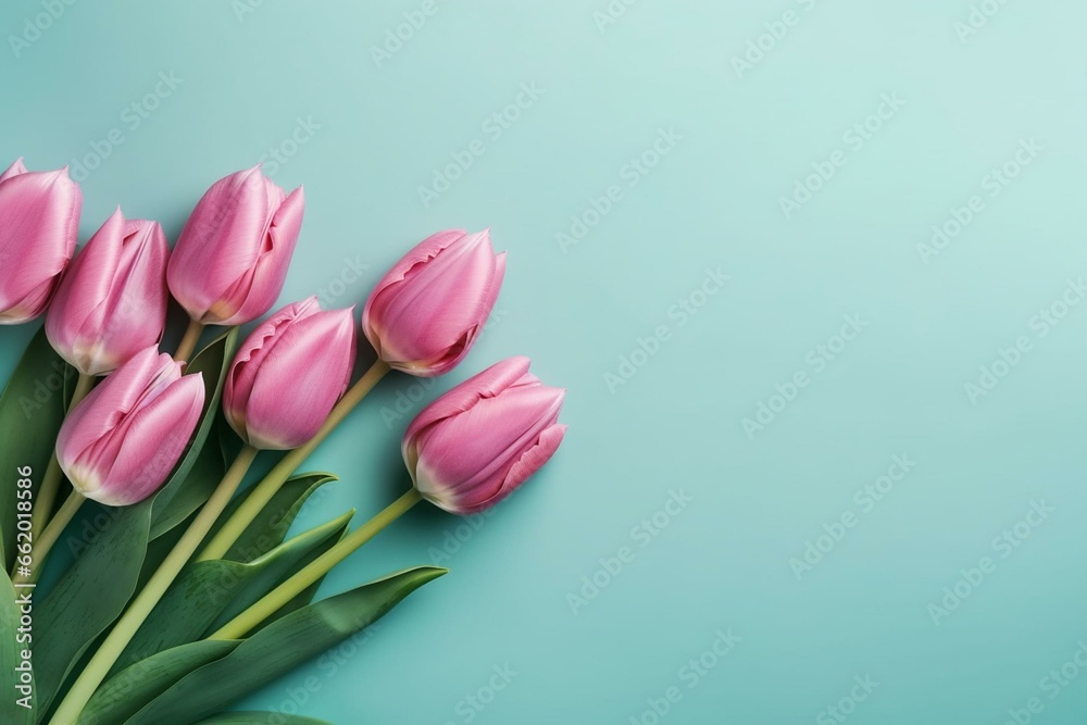 Beautiful spring flowers. Bouquet of pink tulips on pastel background. Various celebrations. Flat lay view. Generative AI - obrazy, fototapety, plakaty 