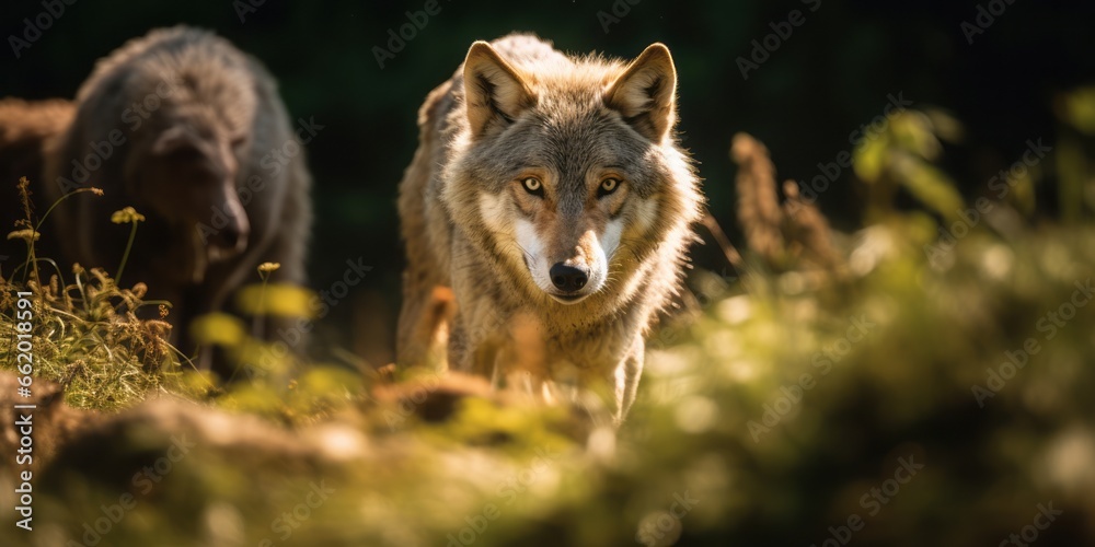 A Gray Wolf's Presence Amidst Lush Greenery, Symbolizing the Intricate Balance Between Predators and Livestock in the Wild A Gray Wolf's Presence Amidst Lush Greenery, Symbolizing the Intricate Balance Between Predators and Livestock in the Wild