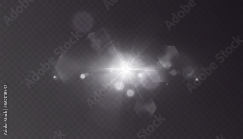 Bright light effect with rays and highlights shines with bright white light for vector illustration.