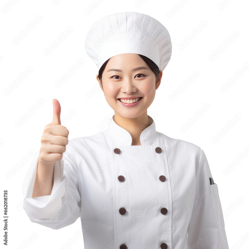 asian woman Chef Holding Thumbs Up With One Hand isolated on transparent background. asian woman Chef Holding Thumbs Up With One Hand isolated on transparent background.