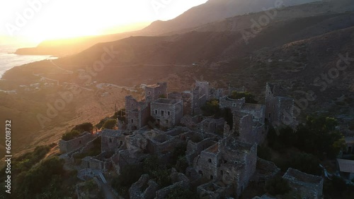 Aerial view of Vathia village against a Dramatic sunset sky. Vathia, Mani, Laconia, Peloponnese, Greece