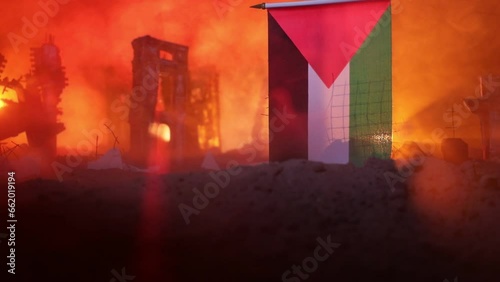 Conflict between Israel and Palestine concept. Burning and destroyed city by war. Concept of crisis of war creative decoration. Selective focus