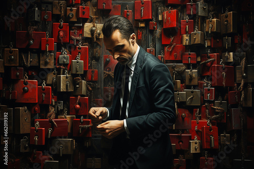 Person with Obsessive Compulsive Disorder (OCD) engaged in checking locks with subtle details emphasizing the monotony and compulsion involved photo
