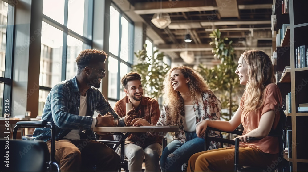 Diverse students, including a young man in a wheelchair, chat in college library. Diverse students, including a young man in a wheelchair, chat in college library.