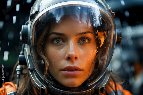 A woman wearing a space suit and helmet photo