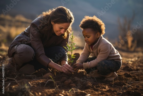 A powerful shot of a parent and child planting a tree together, symbolizing the care and responsibility of environmental stewardship passed down through generations © Hunman