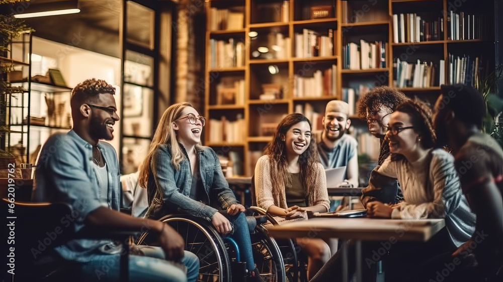 Diverse students, including a young man in a wheelchair, chat in college library. Diverse students, including a young man in a wheelchair, chat in college library.