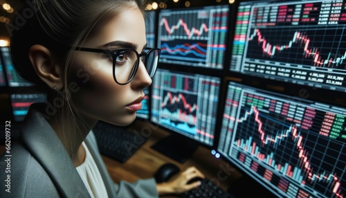 Close-up photo of a female financial analyst with glasses, deeply engrossed in interpreting information from multiple monitors photo