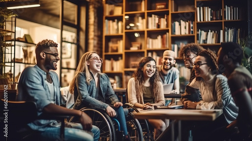 Diverse students, including a young man in a wheelchair, chat in college library.