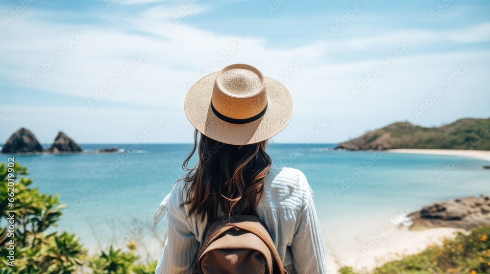 View from behind of a female tourist with a backpack and a hat