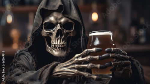 grim reaper holding a glass of beer onselective focus background