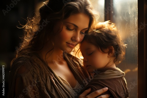 A tender moment of a mother cradling her baby in her arms, bathed in soft, natural light, exemplifying the warmth and unconditional love in maternal care.