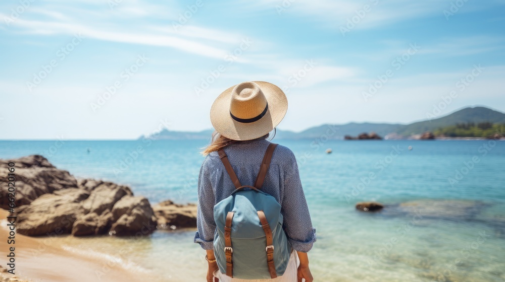 View from behind of a female tourist with a backpack and a hat