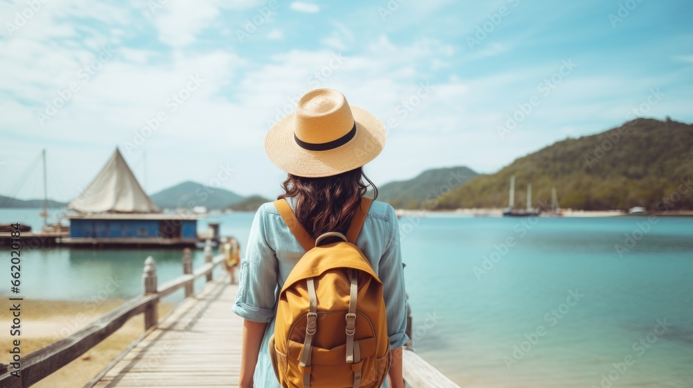View from behind of a female tourist with a backpack and a hat