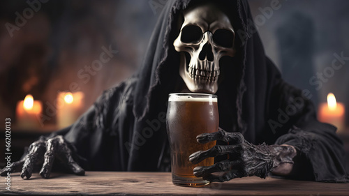 grim reaper holding a glass of beer onselective focus background