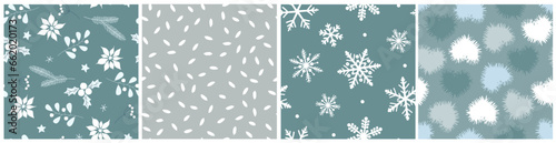 Set of seamless patterns with winter snowflakes, fir branches, snow, cold hearts. Festive frosty print. Vector graphics.