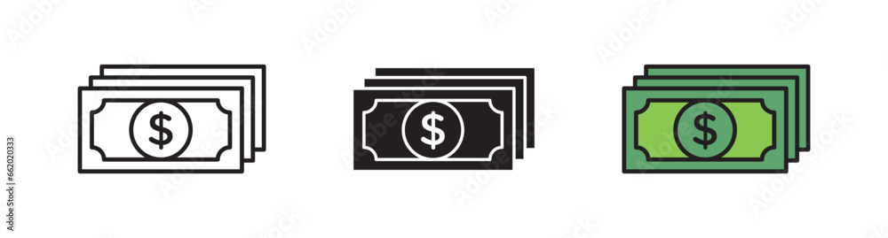 money Icon set. dollar banknote vector symbol. cash sign. - obrazy, fototapety, plakaty 