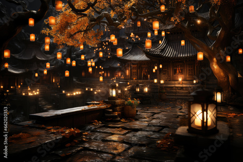 A Bodhi tree illuminated by lanterns at night, creating a magical and sacred ambiance. Generative Ai.
