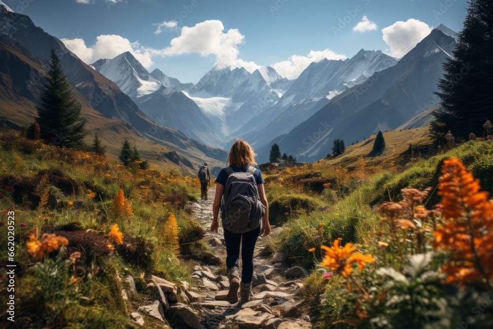 An artistic shot of a group of backpackers hiking through a vibrant, flower-strewn meadow, with majestic peaks in the background, symbolizing the beauty and exploration of outdoor trekking
