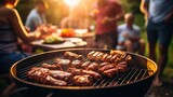 Close-up shot of a grill with meat, with blurred people in the background