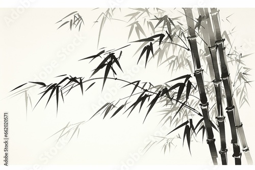 Japanese artwork featuring bamboo on canvas; ideal for wall decor. Background consists of ink painting. Generative AI