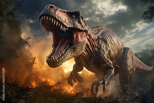 Highly detailed and lifelike 3D rendering of a T-Rex amidst the dinosaur extinction. Generative AI © Esme