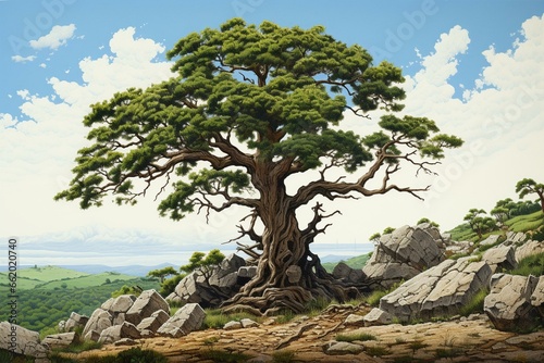 Hilltop tree illustration, nature-themed artwork. Generative AI