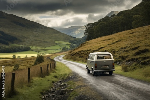 A van traveling on a countryside road in Scotland. Generative AI © Eudora