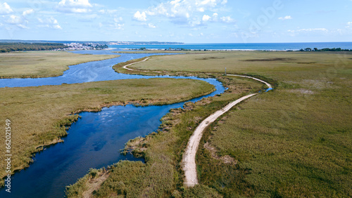 Mert Lake and Black Sea in İğneada Turkey from above with drone. Magnificent floodplain forests and nature of İğneada. Drone view of Lake Mert. İğneada sea, beach, lake, floodplain. photo