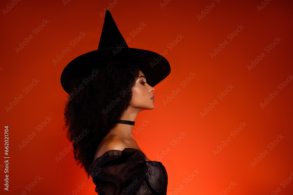 Lady witch fantasy novel character look profile side view on copyspace red background advertise halloween festival