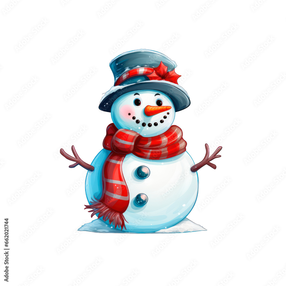 Snowman wearing a scarf and top hat. Isolated white background.