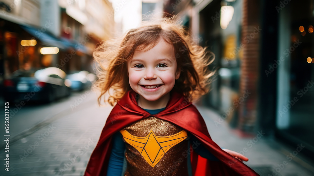 photograph of Funny cute girl in superhero costume. telephoto lens realistic natural lighting