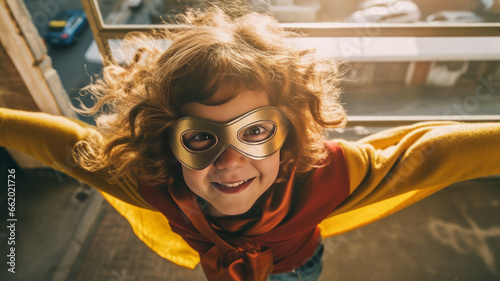 photograph of Funny cute girl in superhero costume. telephoto lens realistic natural lighting © JKLoma