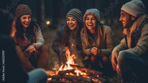 Young friends bonding  laughing around campfire in wilderness.