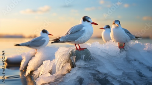 Arctic terns resting on floating ice floe