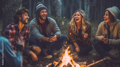 Young friends bonding  laughing around campfire in wilderness.