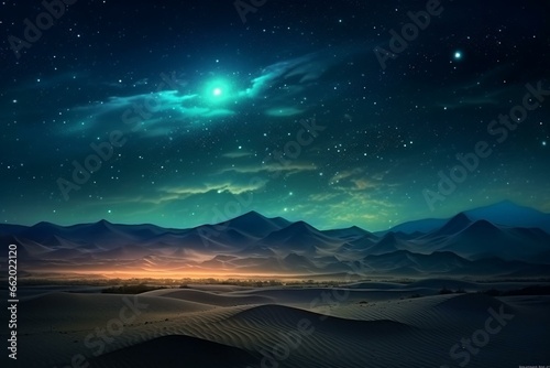 Desert night with sand dunes, stunning backdrop of green starry sky. Generative AI