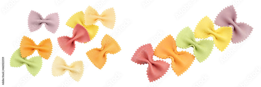 colorful farfalle pasta isolated on white background with full depth of field. Top view. Flat lay. colorful farfalle pasta isolated on white background with full depth of field. Top view. Flat lay.
