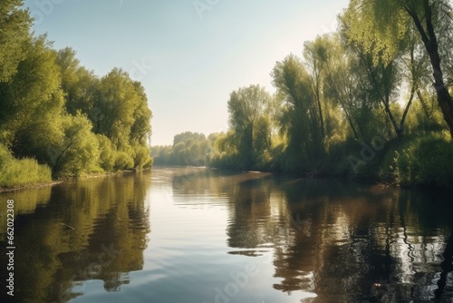 Peaceful riverside on a sunny day. Generative AI