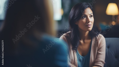 Young woman talking to a psychotherapist photo