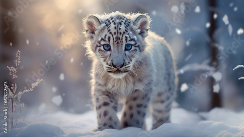 White saber-toothed tiger cub in the snow.